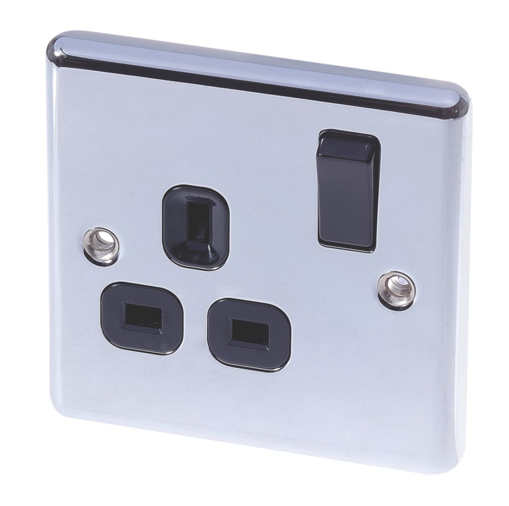 LAP 13A 1-Gang SP Switched Plug Socket Polished Chrome with Black ...