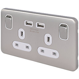 Schneider Electric Lisse Deco 13A 2-Gang SP Switched Socket + 2.1A 2-Outlet Type A USB Charger Brushed Stainless Steel with White Inserts