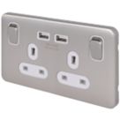 Schneider Electric Lisse Deco 13A 2-Gang SP Switched Socket + 2.1A 10.5W 2-Outlet Type A USB Charger Brushed Stainless Steel with White Inserts