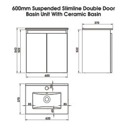 Newland  Double Door Wall-Mounted Vanity Unit with Basin Gloss White 600mm x 370mm x 540mm