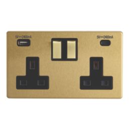 Contactum Lyric 13A 2-Gang DP Switched Socket + 4.8A 24W 2-Outlet Type A & C USB Charger Brushed Brass with Black Inserts