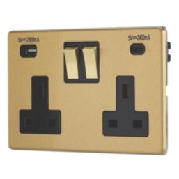 Contactum Lyric 13A 2-Gang DP Switched Socket + 4.8A 24W 2-Outlet Type A & C USB Charger Brushed Brass with Black Inserts