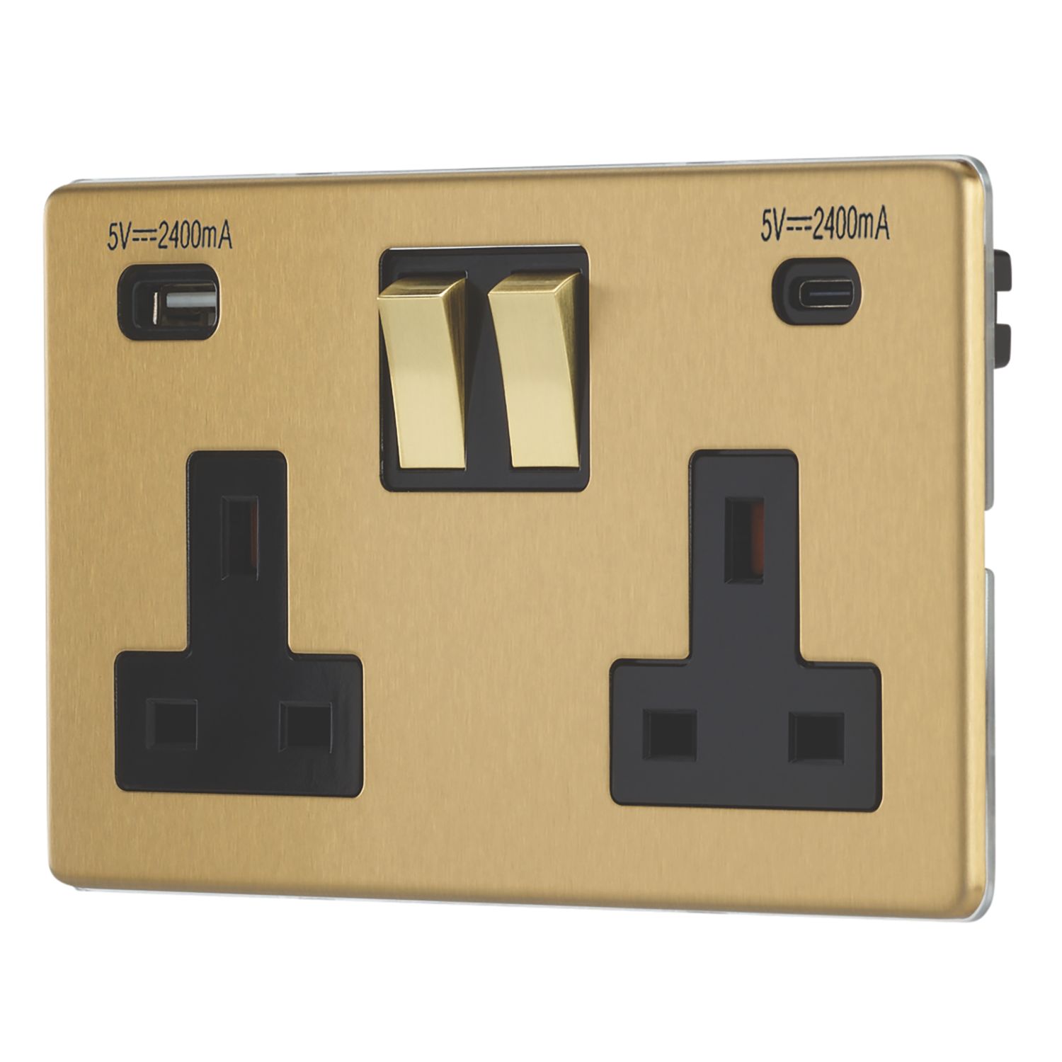 Contactum Lyric 13A 2-Gang DP Switched Socket + 4.8A 24W 2-Outlet Type A & C USB Charger Brushed Brass with Black Inserts (969RR)