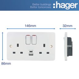 Hager Sollysta WMSS82-USBAC 13A 2-Gang 2P+E Switched Socket + 3.1A 15.5W 2-Outlet Type A & C USB Charger White