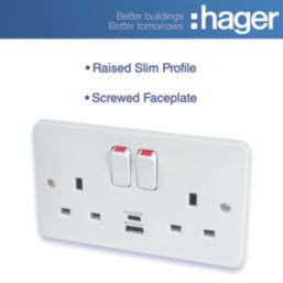 Hager Sollysta WMSS82-USBAC 13A 2-Gang 2P+E Switched Socket + 3.1A 15.5W 2-Outlet Type A & C USB Charger White