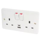 Hager Sollysta WMSS82-USBAC 13A 2-Gang 2P+E Switched Socket + 3.1A 15.5W 2-Outlet Type A & C USB Charger White