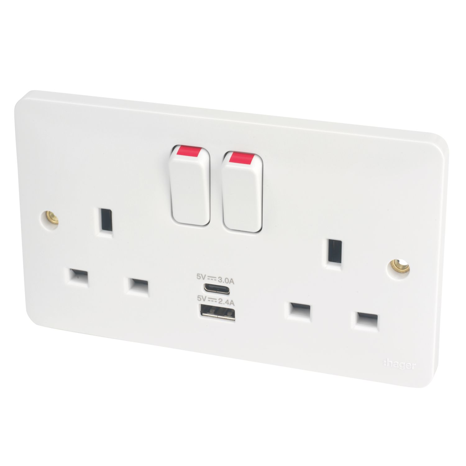 Hager Sollysta WMSS82-USBAC 13A 2-Gang 2P+E Switched Socket + 3.1A 15.5W 2-Outlet Type A & C USB Charger White (970AM)