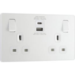 British General Evolve 13A 2-Gang SP Switched Socket + 3A 30W 2-Outlet Type A & C USB Charger Pearlescent White with White Inserts
