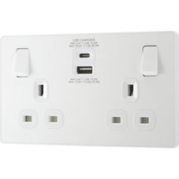 British General Evolve 13A 2-Gang SP Switched Socket + 3A 30W 2-Outlet Type A & C USB Charger Pearlescent White with White Inserts