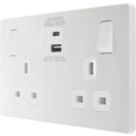 British General Evolve 13A 2-Gang SP Switched Socket + 3A 30W 2-Outlet Type A & C USB Charger Pearlescent White with White Inserts