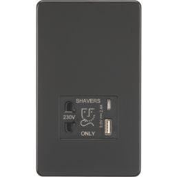 Knightsbridge  2-Gang Single Voltage Shaver Socket+ 2.4A 12W 2-Outlet Type A & C USB Charger 230V Matt Black with Black Inserts