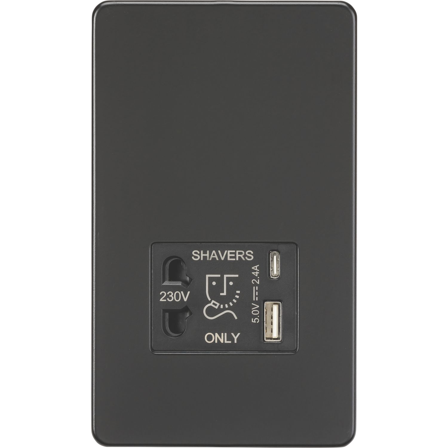 Knightsbridge 2-Gang Single Voltage Shaver Socket+ 2.4A 12W 2-Outlet Type A & C USB Charger 230V Matt Black with Black Inserts (971PX)