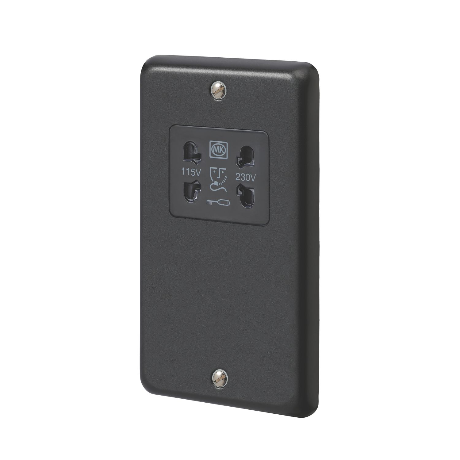 MK Contoura 2-Gang Dual Voltage Shaver Socket 115/230V Black with Colour-Matched Inserts (971RG)
