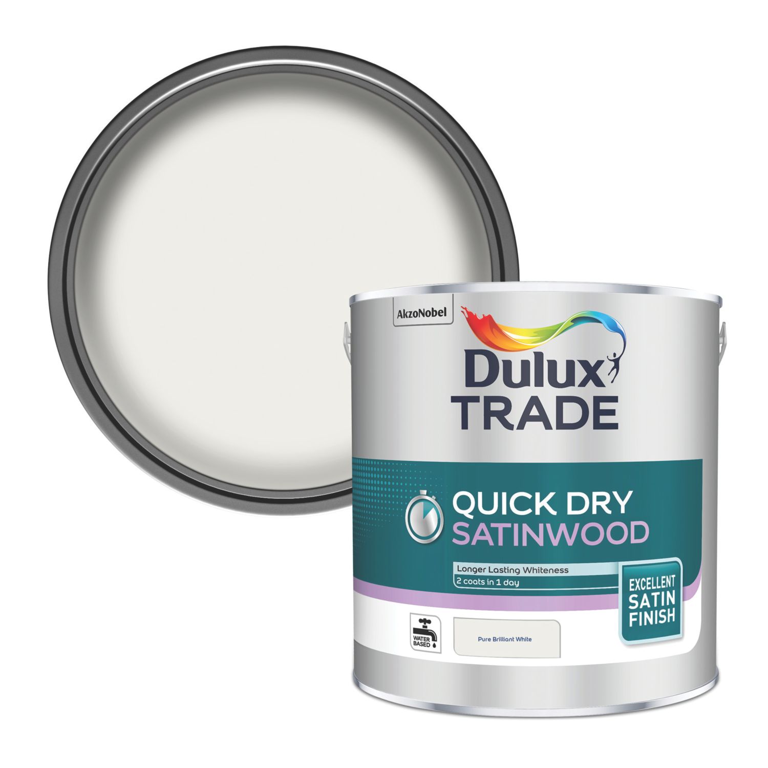 Dulux Trade 2.5Ltr Pure Brilliant White Satin Water-Based Trim Paint (9723H)