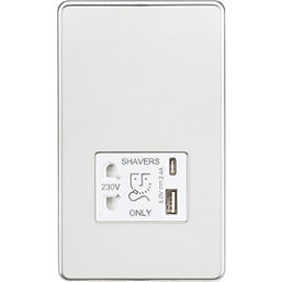 Knightsbridge  2-Gang Single Voltage Shaver Socket+ 2.4A 12W 2-Outlet Type A & C USB Charger 230V Polished Chrome with White Inserts