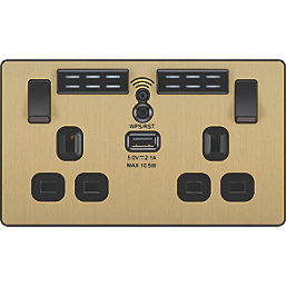 British General Evolve 13A 2-Gang SP Switched Double Socket With WiFi Extender + 2.1A 1-Outlet Type A USB Charger Satin Brass with Black Inserts
