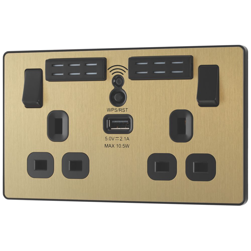 British General Evolve 13A 2-Gang SP Switched Double Socket With WiFi Extender + 2.1A 10.5W 1-Outlet Type A USB Charger Satin Brass with Black Inserts