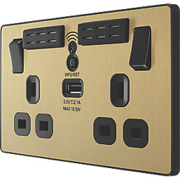 British General Evolve 13A 2-Gang SP Switched Double Socket With WiFi Extender + 2.1A 1-Outlet Type A USB Charger Satin Brass with Black Inserts