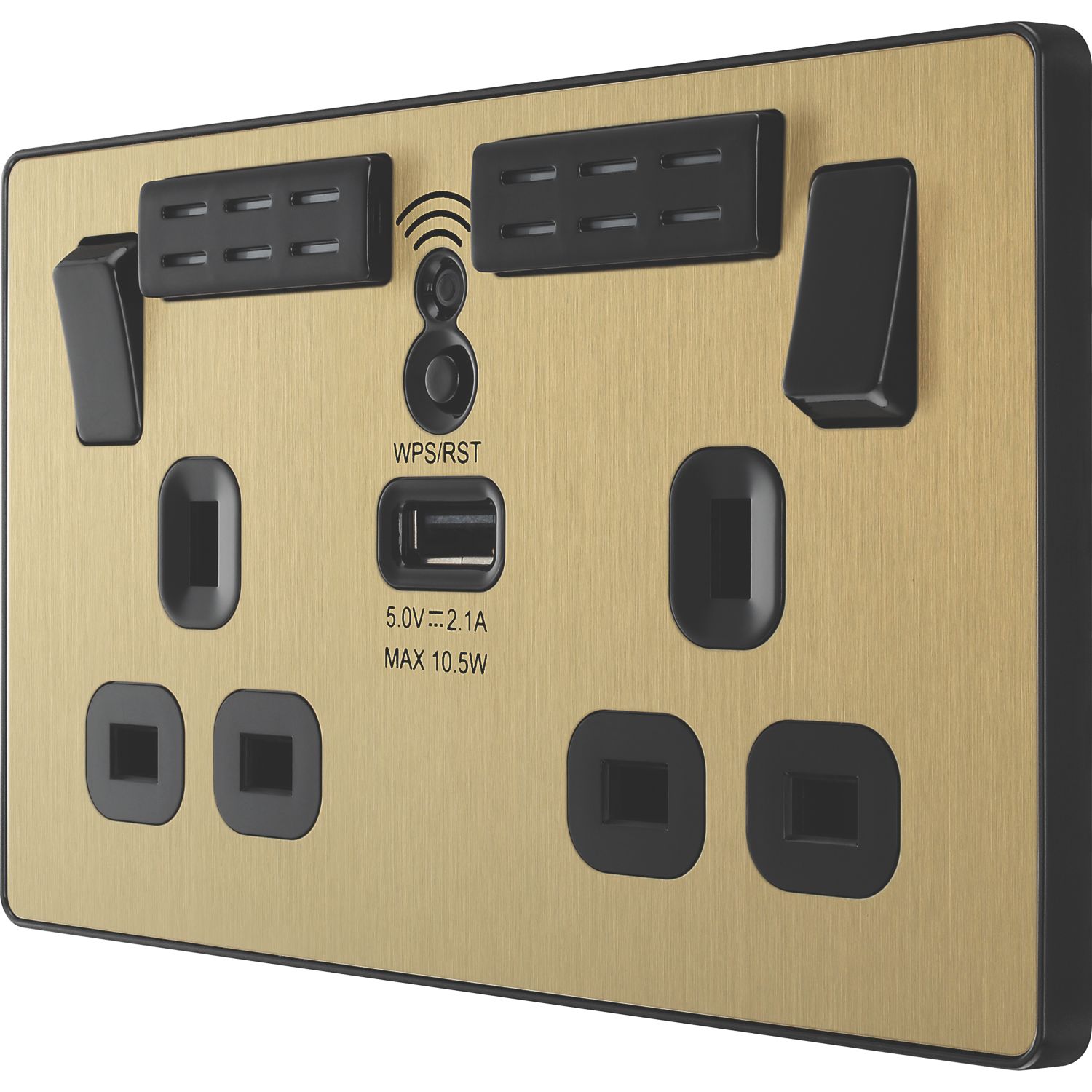 British General Evolve 13A 2-Gang SP Switched Wi-Fi Extender Socket + 2.1A 10.5W 1-Outlet Type A USB Charger Satin Brass with Black Inserts (972RF)