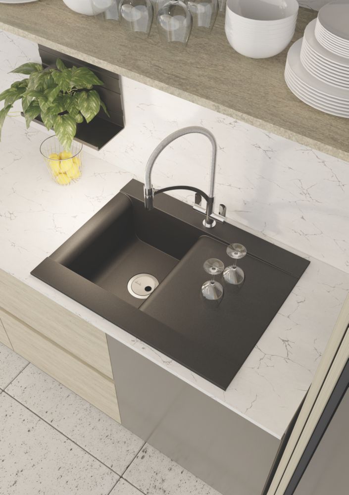 Abode Aspekt 1 Bowl Granite Composite Kitchen Sink Black Metallic Reversible 716mm x 500mm