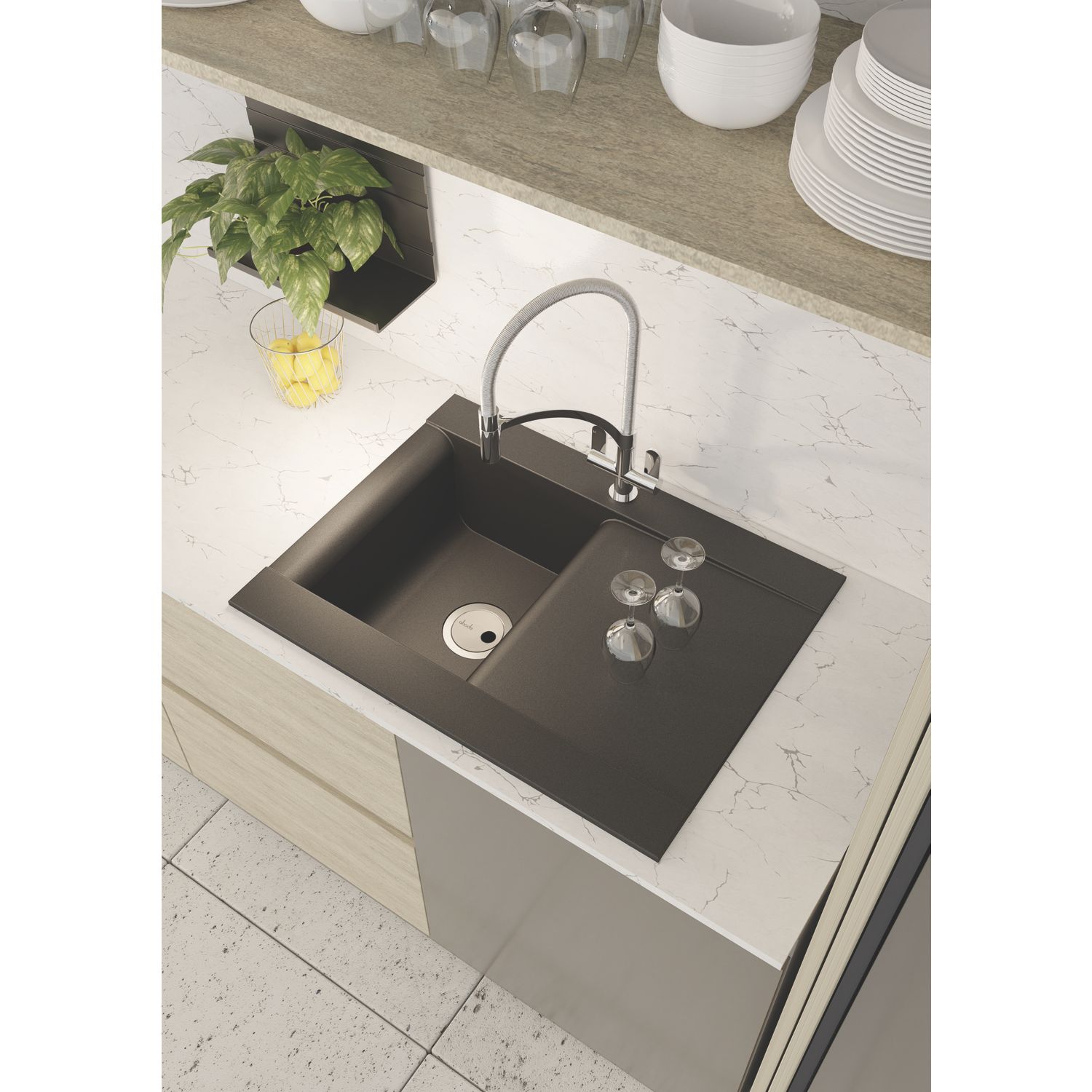 Abode Aspekt 1 Bowl Granite Composite Kitchen Sink Black Metallic Reversible 716mm x 500mm (973RK)