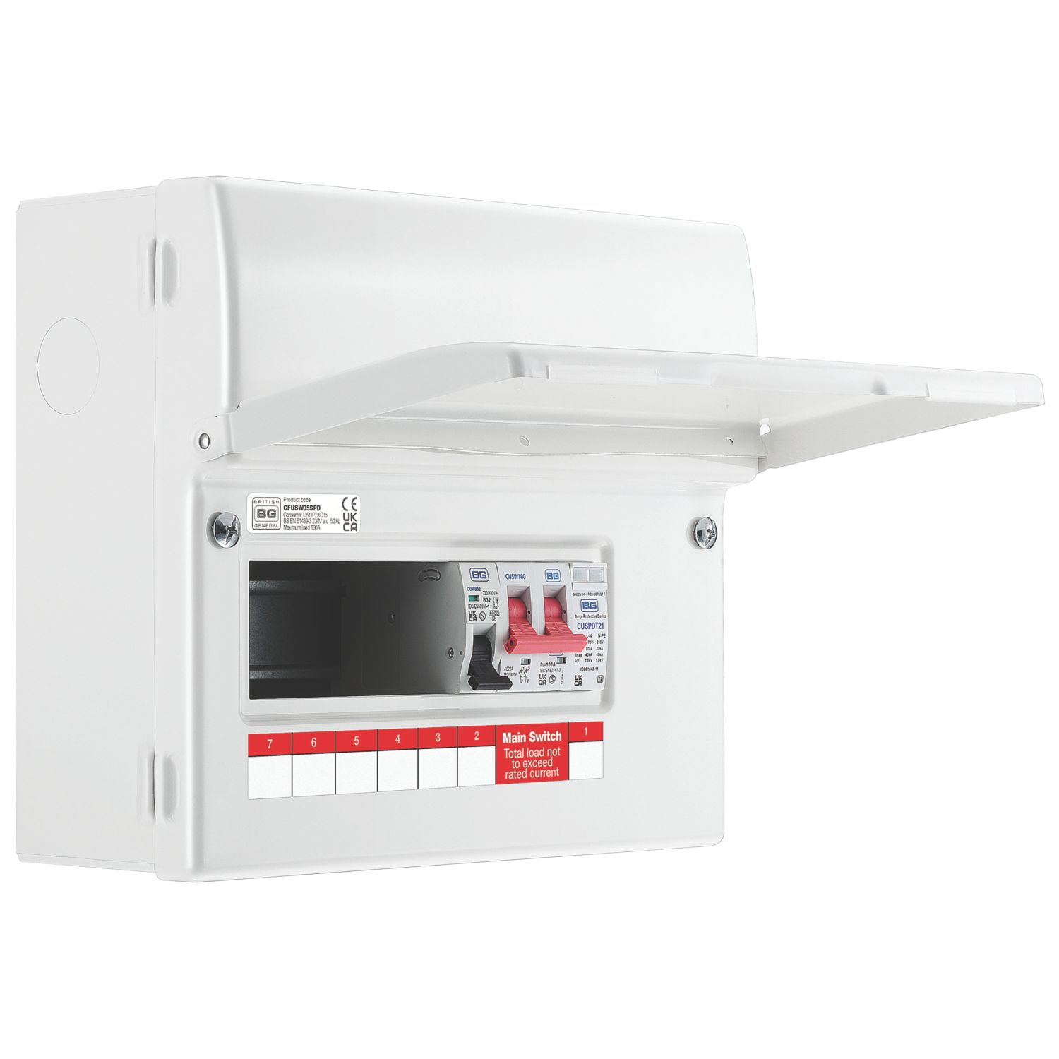 British General Fortress 9-Module 5-Way Part-Populated Main Switch Consumer Unit with SPD (974PV)