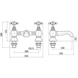 ETAL Eden Polished Chrome 139mm Deck Mounted Cross Head 2 Tap Holes Bath Mixer Tap