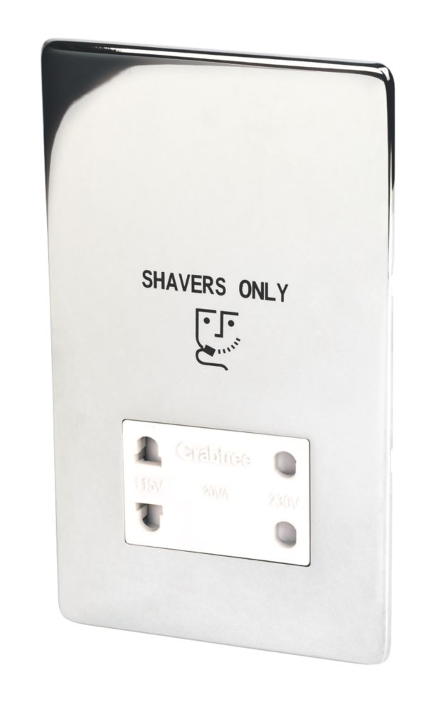 Crabtree Platinum 2-Gang Dual Voltage Shaver Socket 115 / 230V Polished Chrome with White Inserts