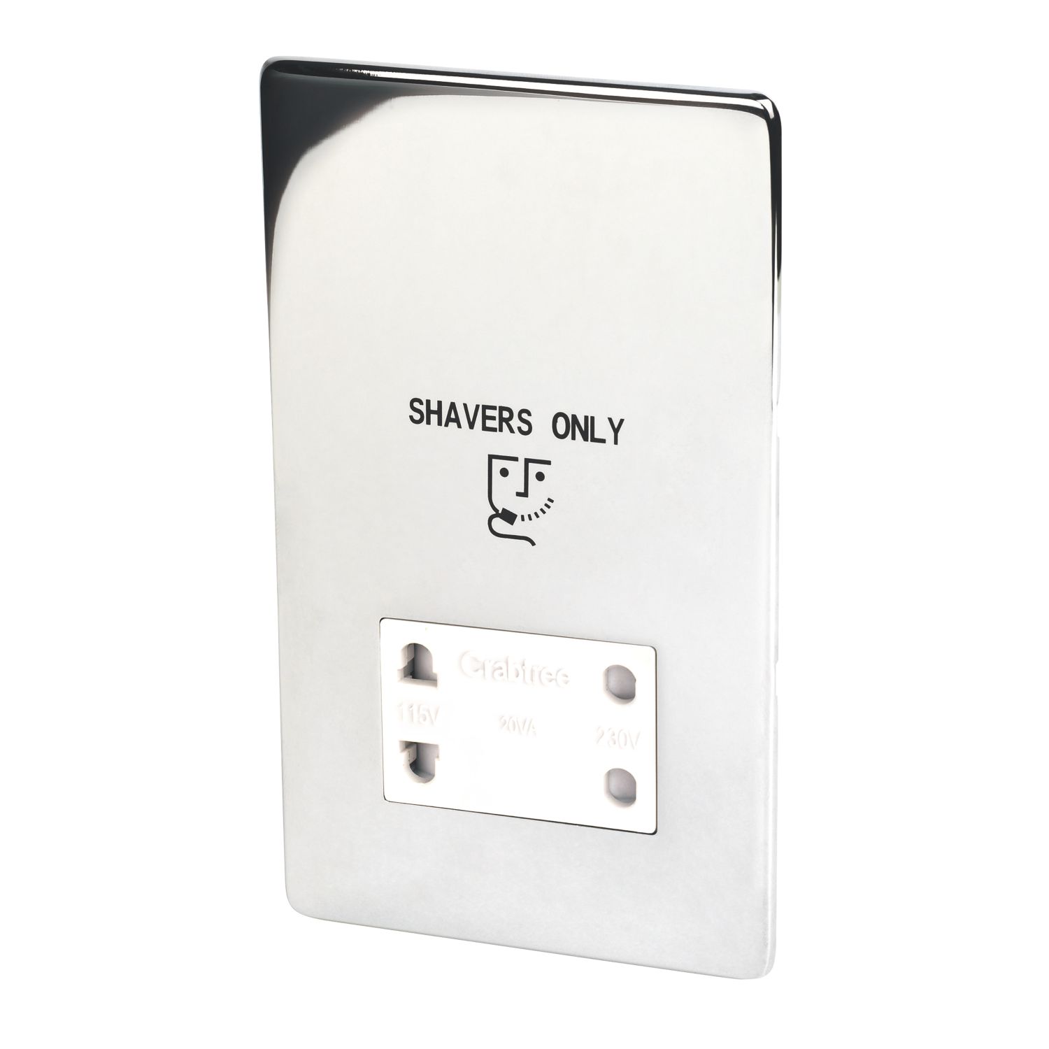 Crabtree Platinum 2-Gang Dual Voltage Shaver Socket 115 / 230V Polished Chrome with White Inserts (9776H)