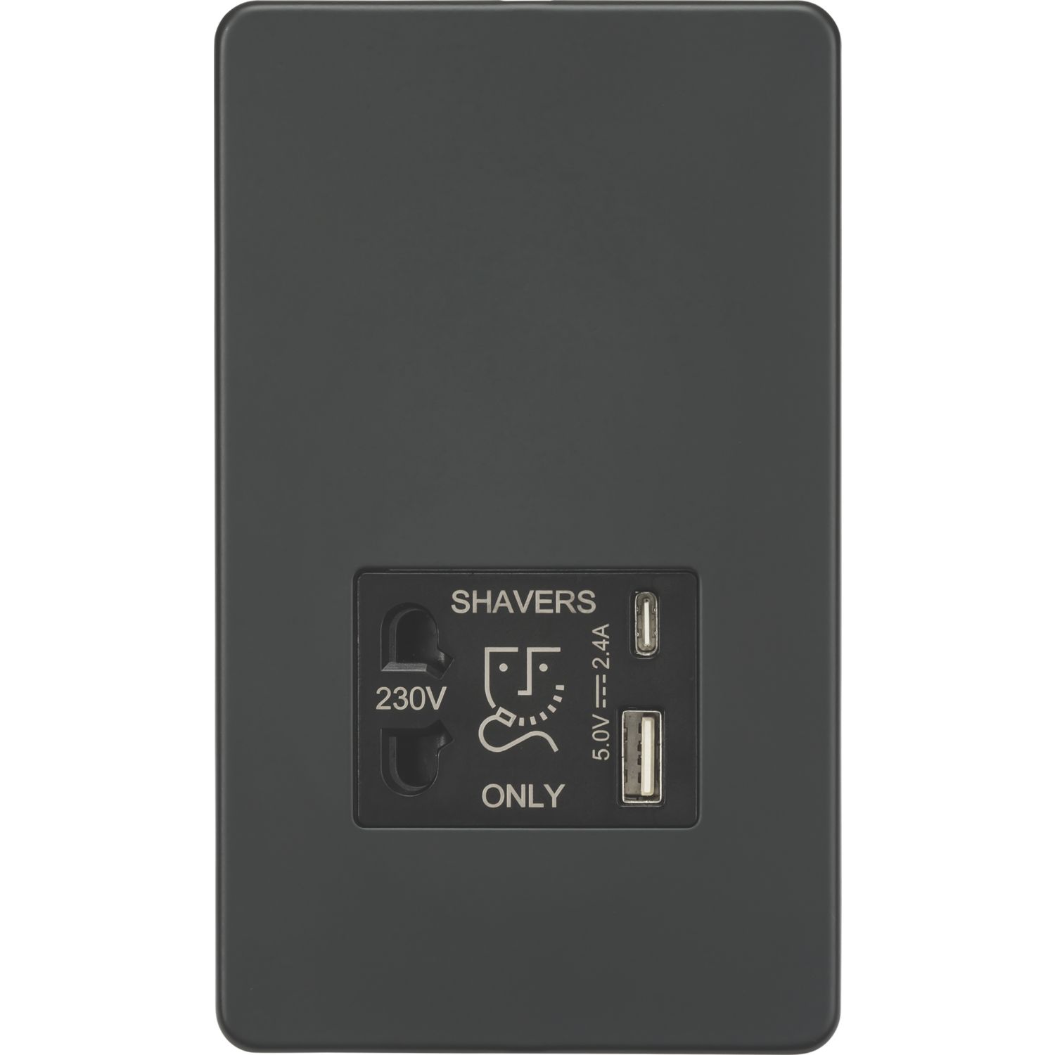 Knightsbridge 2-Gang Single Voltage Shaver Socket+ 2.4A 12W 2-Outlet Type A & C USB Charger 230V Anthracite with Black Inserts (977PX)