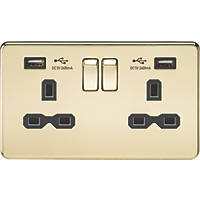 Knightsbridge SFR9224PB 13A 2-Gang SP Switched Socket + 2.4A 2-Outlet Type A USB Charger Polished Brass with Black Inserts
