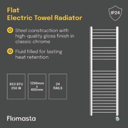 Flomasta 1200mm x 400mm 853BTU Chrome Flat Electric Towel Radiator