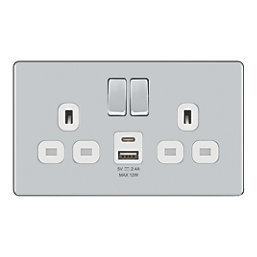 LAP  13A 2-Gang SP Switched Socket + 2.4A 12W 2-Outlet Type A & C USB Charger Polished Chrome with White Inserts