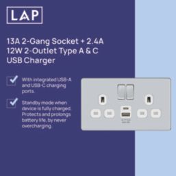 LAP  13A 2-Gang SP Switched Socket + 2.4A 12W 2-Outlet Type A & C USB Charger Polished Chrome with White Inserts