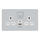 LAP  13A 2-Gang SP Switched Socket + 2.4A 12W 2-Outlet Type A & C USB Charger Polished Chrome with White Inserts