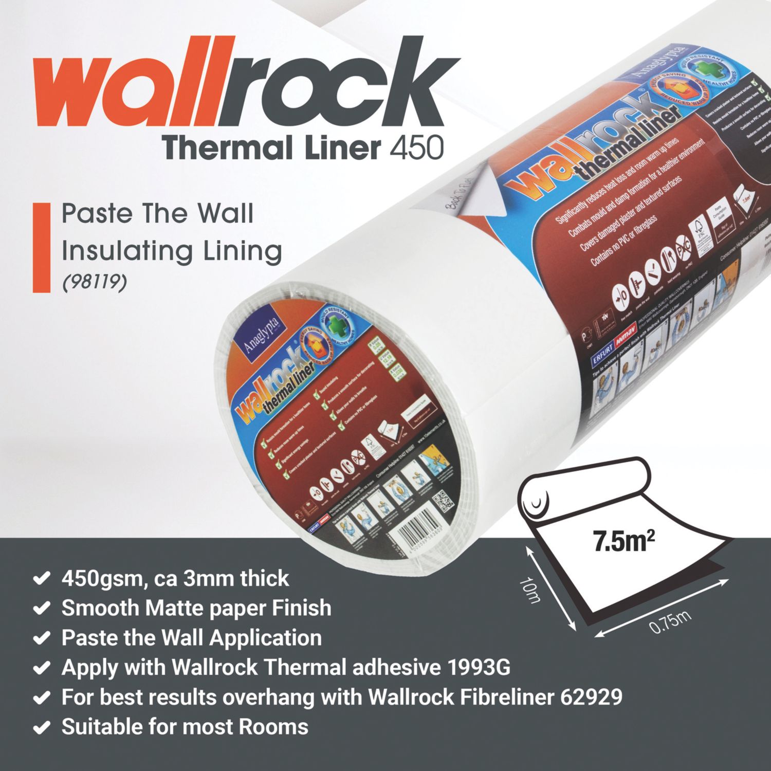 Wallrock White Thermal Liner Wallpaper 750mm x 10m (98119)
