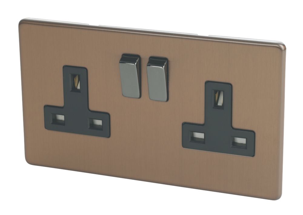 Varilight  13AX 2-Gang DP Switched Plug Socket Brushed Bronze  with Black Inserts