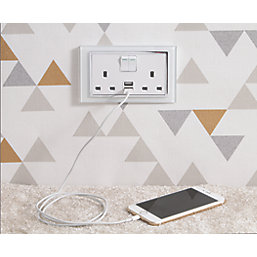 Retrotouch  13A 2-Gang DP Switched Socket + 2.1A  2-Outlet Type A USB Charger White Glass