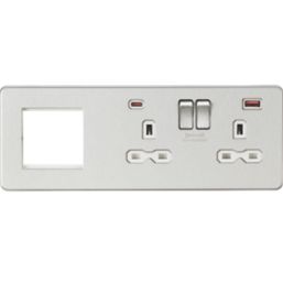 Knightsbridge SFR992RBCW 13A 2-Gang DP Combination Plate + 4.0A 18W 2-Outlet Type A & C USB Charger Brushed Chrome with White Inserts