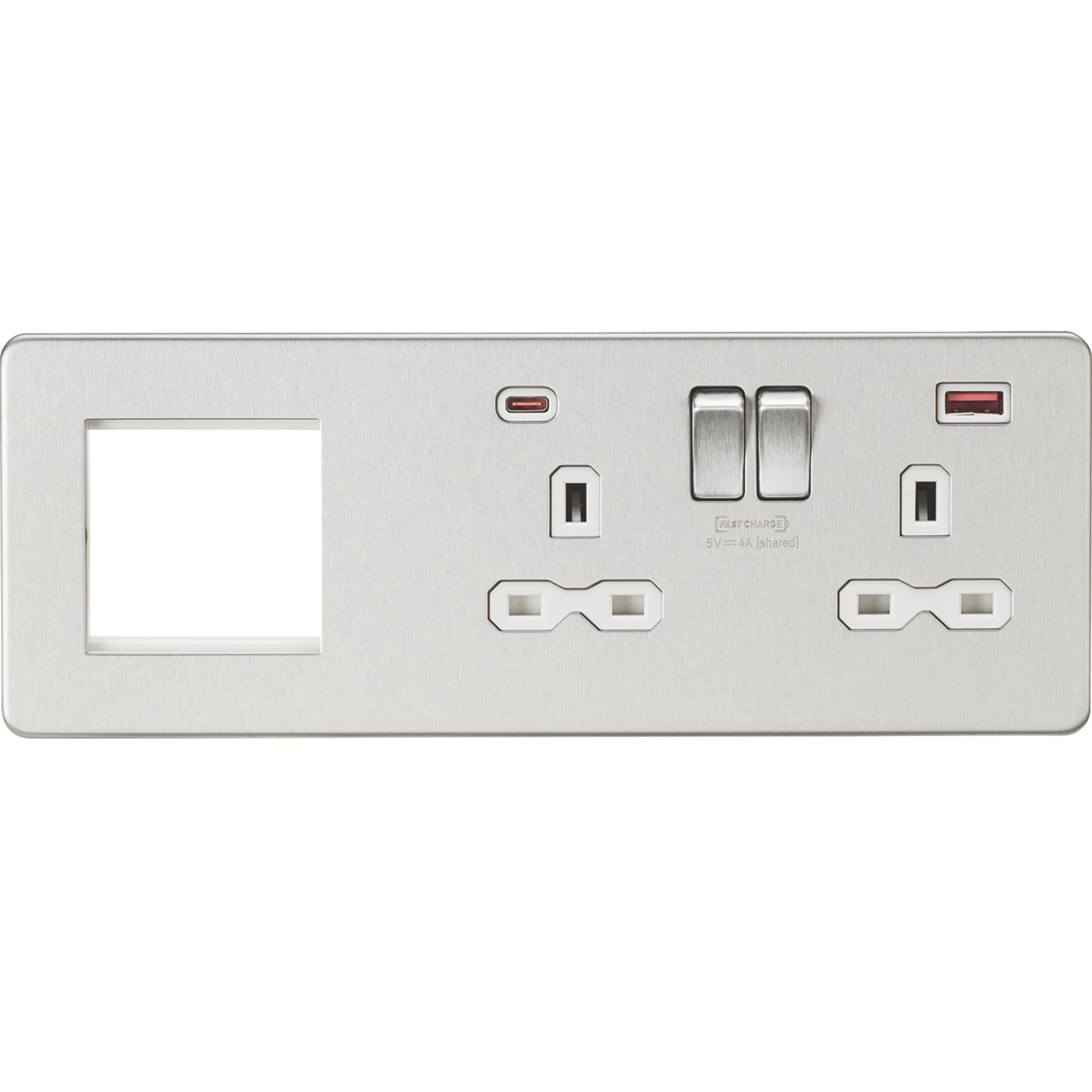 Knightsbridge SFR992RBCW 13A 2-Gang DP Combination Plate + 4.0A 18W 2-Outlet Type A & C USB Charger Brushed Chrome with White Inserts (981VF)