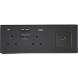 Knightsbridge A 13A 2-Gang DP Combination Plate + 4.0A 18W 2-Outlet Type A & C USB Charger Matt Black with Black Inserts