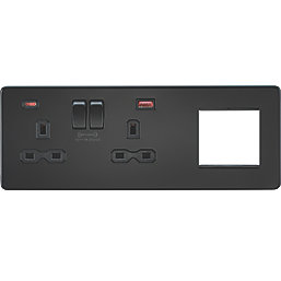 Knightsbridge A 13A 2-Gang DP Combination Plate + 4.0A 18W 2-Outlet Type A & C USB Charger Matt Black with Black Inserts
