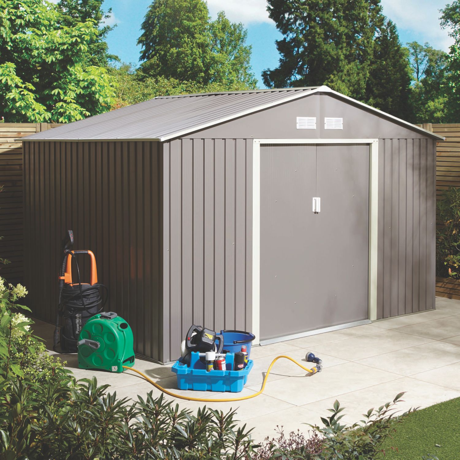 Rowlinson Trentvale 10' x 7' 6" (Nominal) Apex Metal Shed Light Grey (984CL)