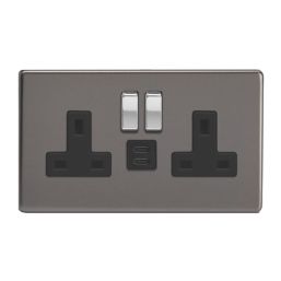 Varilight  13A 2-Gang SP Switched Socket + 3A 45W 2-Outlet Type C USB Charger Slate Grey with Black Inserts