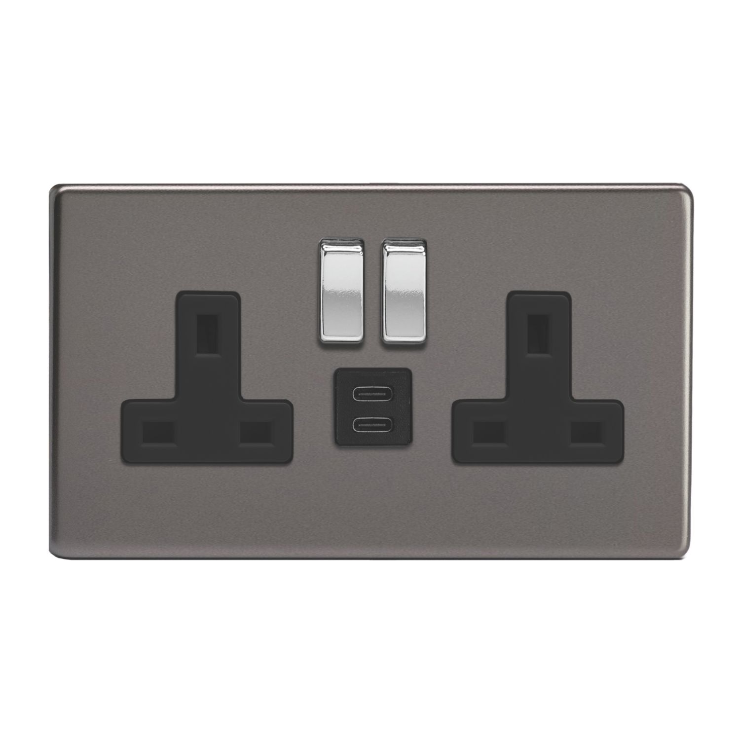 Varilight 13A 2-Gang SP Switched Socket + 3A 45W 2-Outlet Type C USB Charger Slate Grey with Black Inserts (984EC)