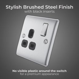 British General Nexus Metal 13A 1-Gang SP Switched Power Socket Brushed Steel  with Black Inserts