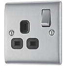 British General Nexus Metal 13A 1-Gang SP Switched Power Socket Brushed Steel  with Black Inserts