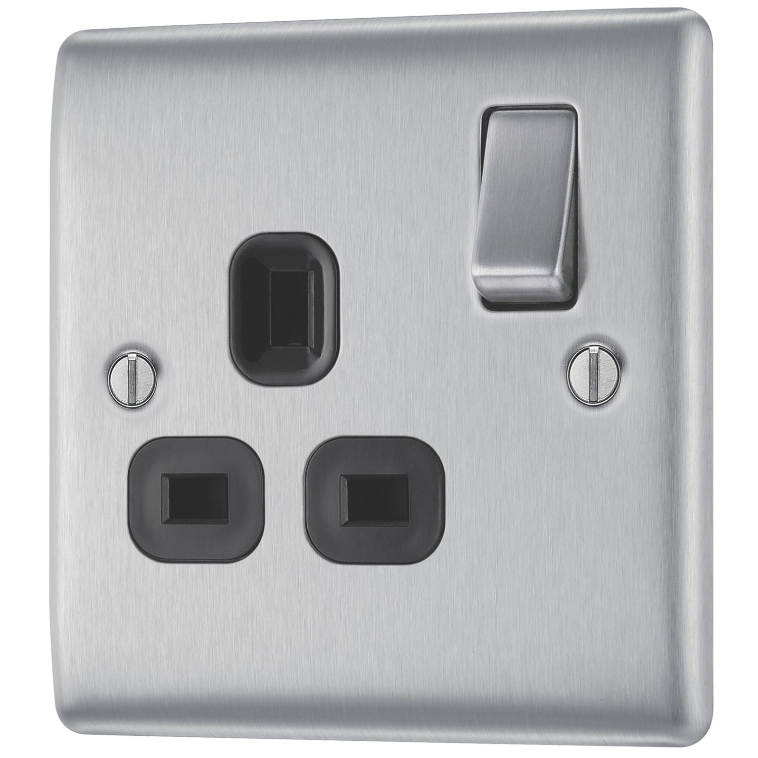 British General Nexus Metal 13A 1-Gang SP Switched Power Socket Brushed Steel with Black Inserts (984XF)