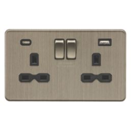 Knightsbridge  13A 2-Gang SP Switched Socket + 4.0A 20W 2-Outlet Type A & C USB Charger Antique Brass with Black Inserts