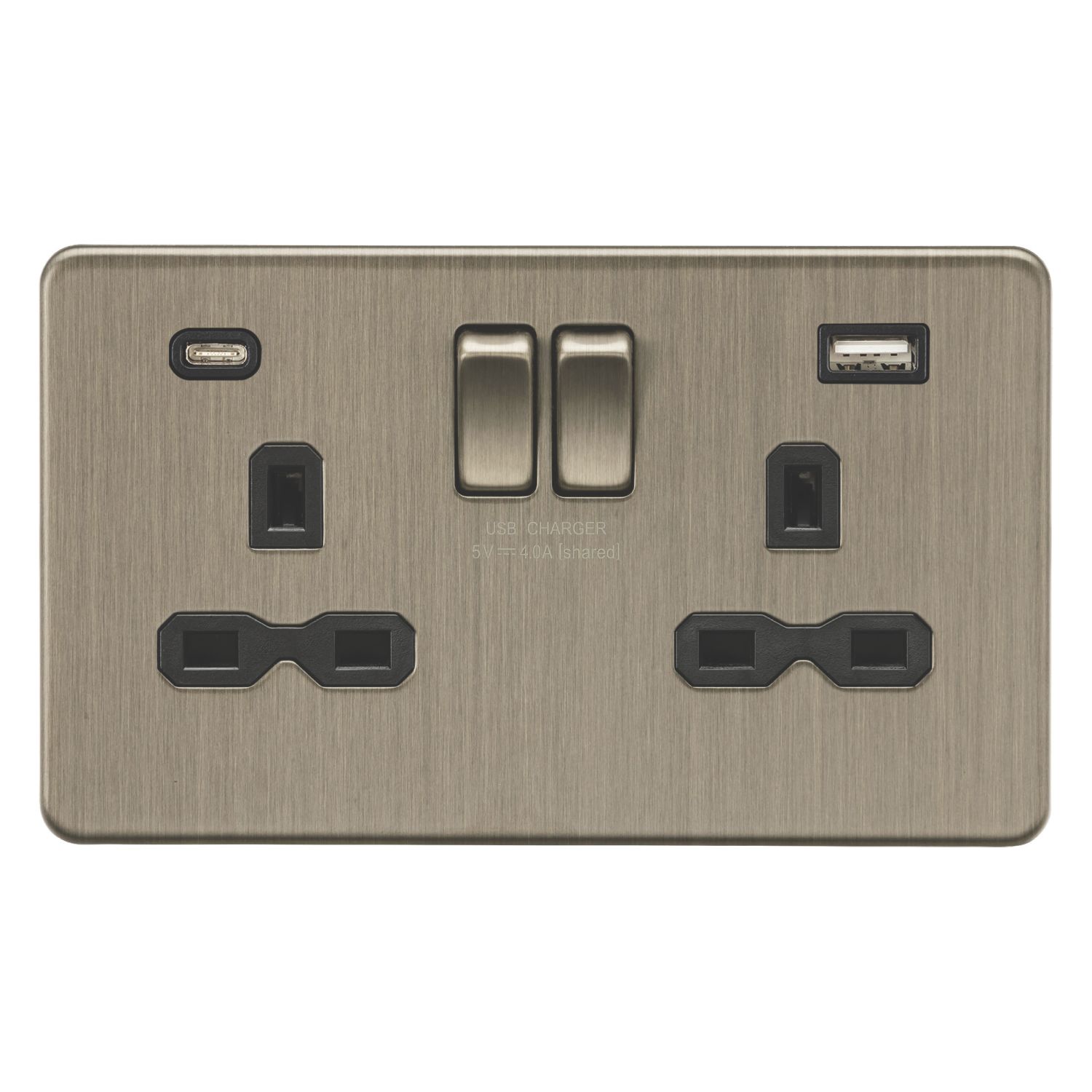 Knightsbridge 13A 2-Gang SP Switched Socket + 4.0A 20W 2-Outlet Type A & C USB Charger Antique Brass with Black Inserts (986CR)